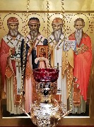 Храмовая икона. Святители Гурий, Герман, Варсонофий Казанские чудотворцы и священномученик Харалампий.